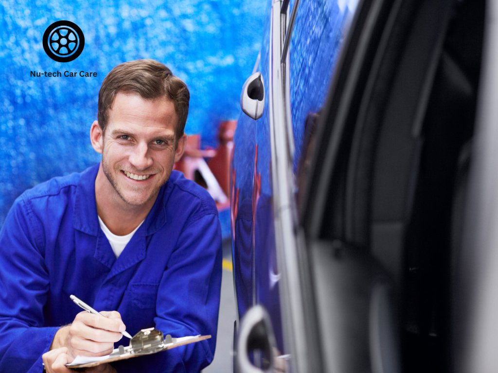 Car service inspection including brakes, tyres, and engine checks